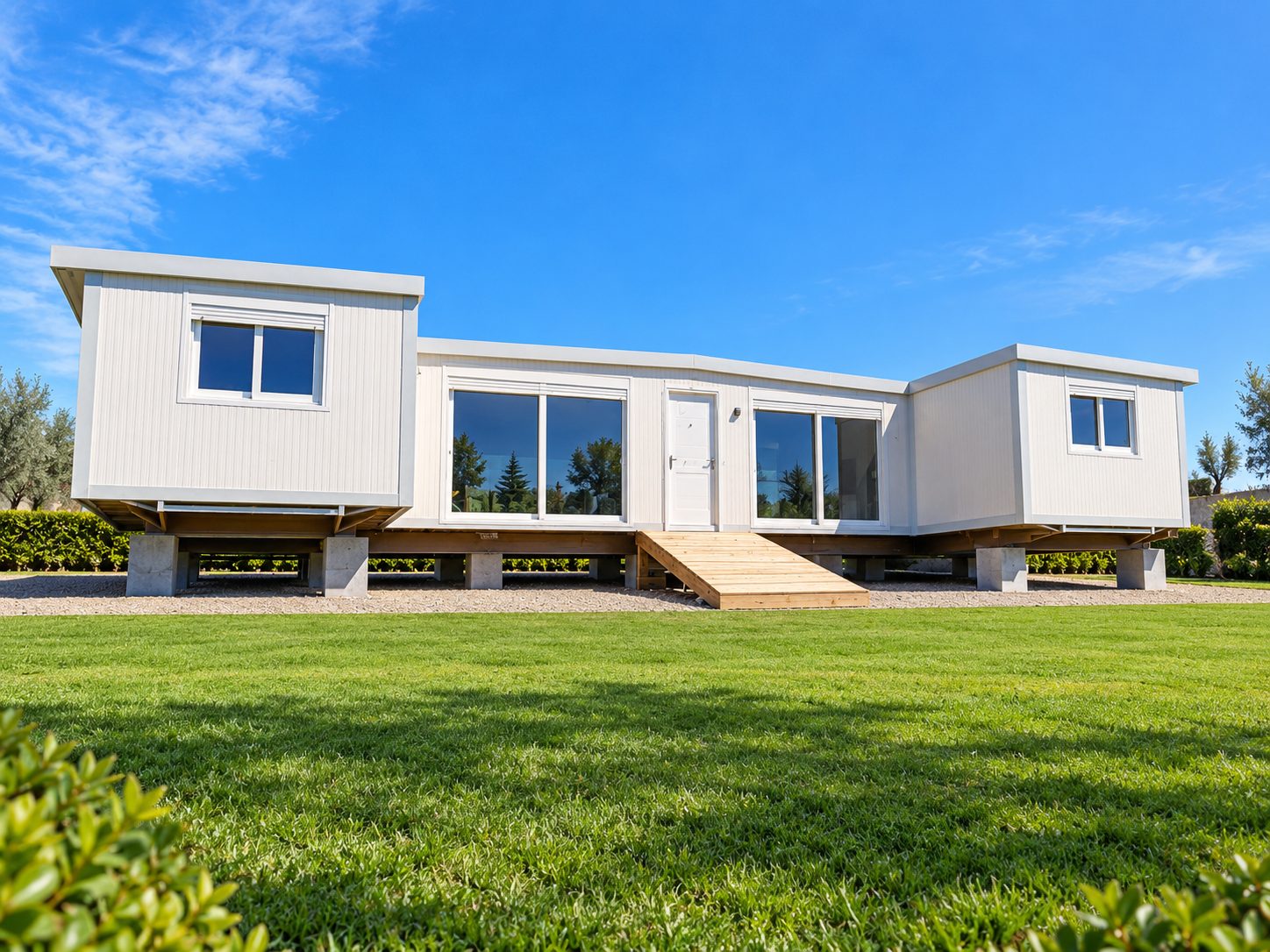 Casa modular de 140 m² en forma de U con grandes correderas y rampa de madera sobre pilares