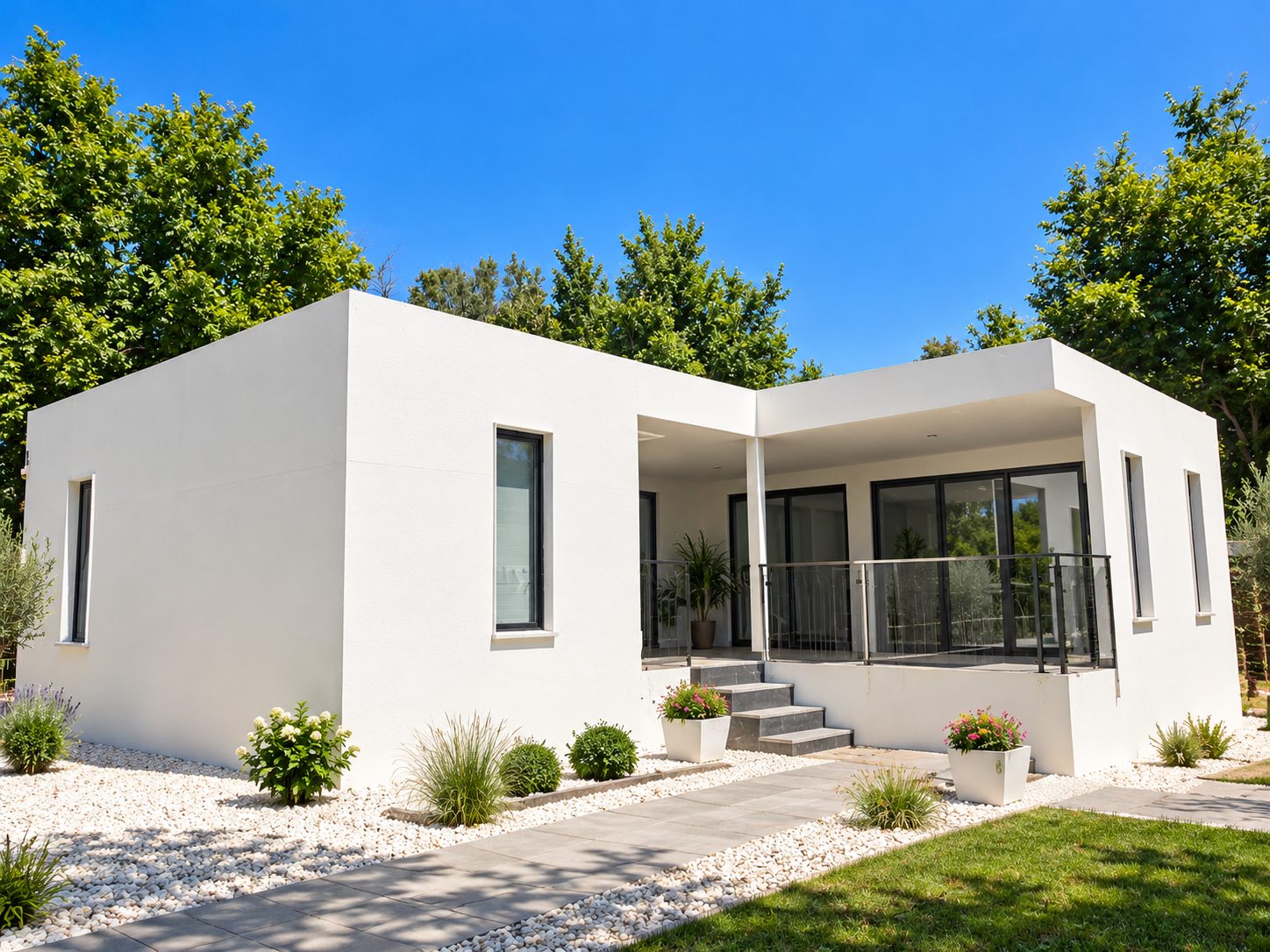 Casa modular blanca de una planta con porche acristalado, jardín de grava blanca y árboles