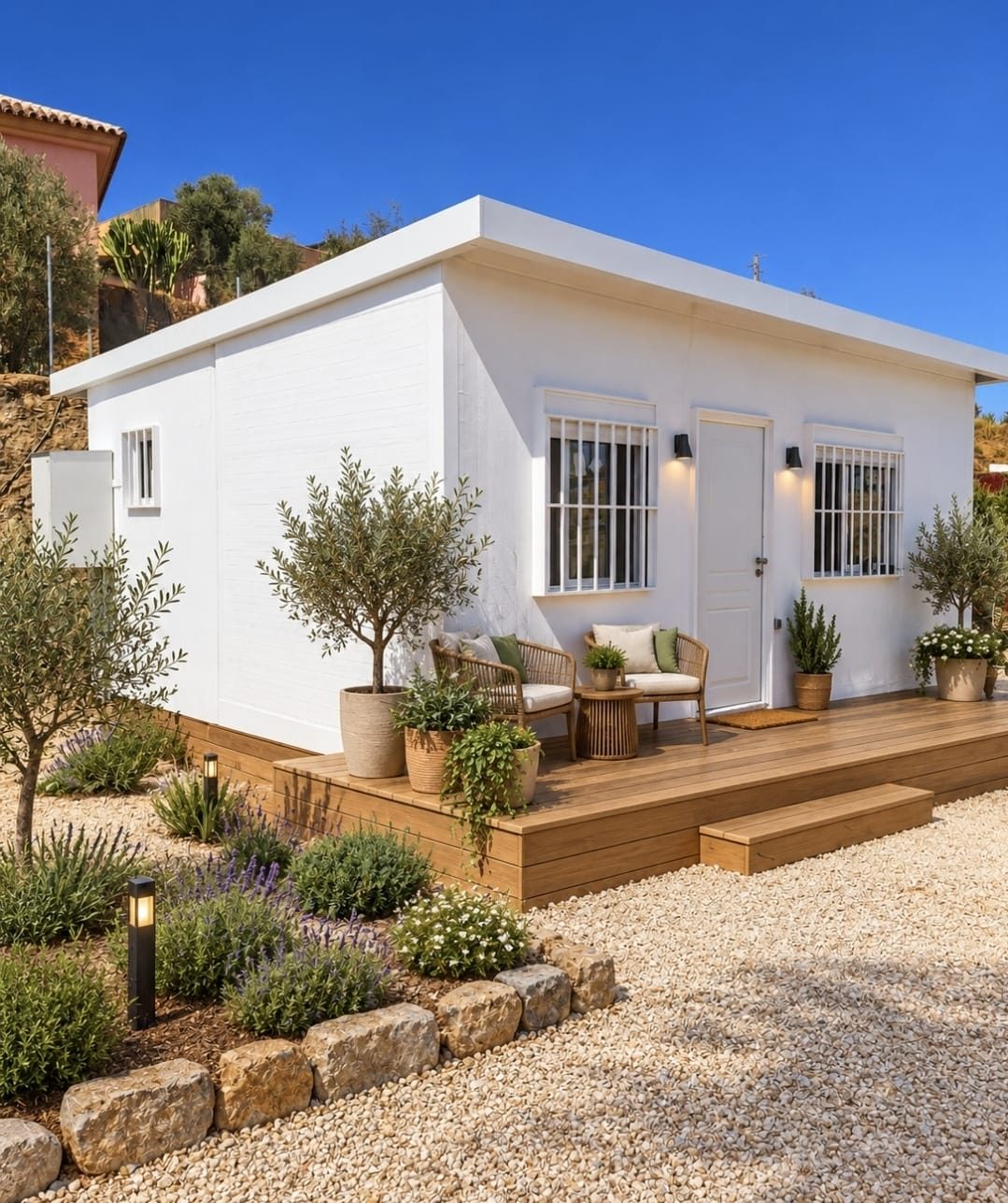 Casa modular blanca con tarima de madera, olivos y jardín de lavanda