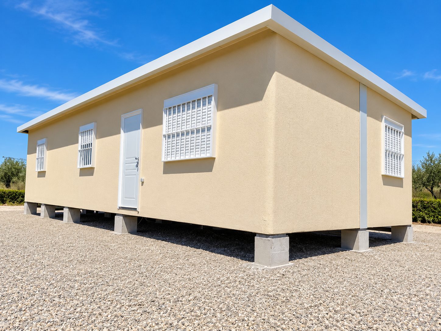 Casa modular color crema con ventanas con reja y persiana, sobre pilares de hormigón