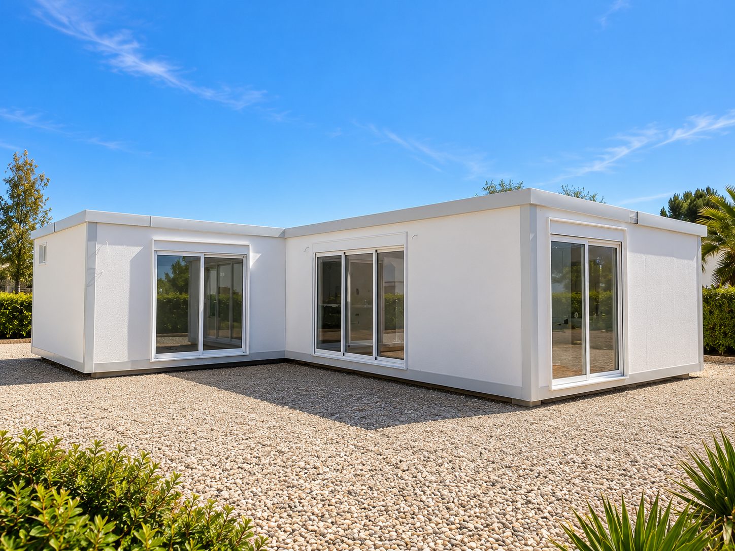 Casa modular blanca en forma de L con puertas correderas de aluminio