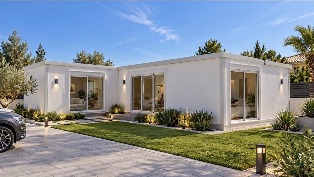 Casa modular blanca con grandes ventanales y jardín, para solar urbano
