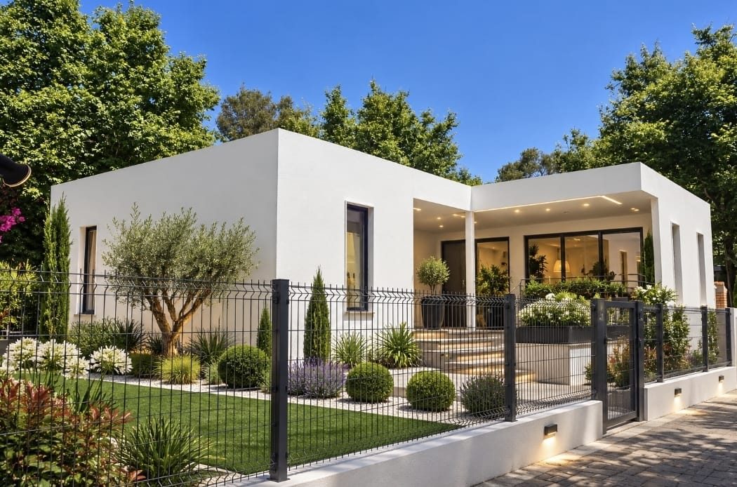 Casa modular blanca de una planta con porche y jardín cuidado